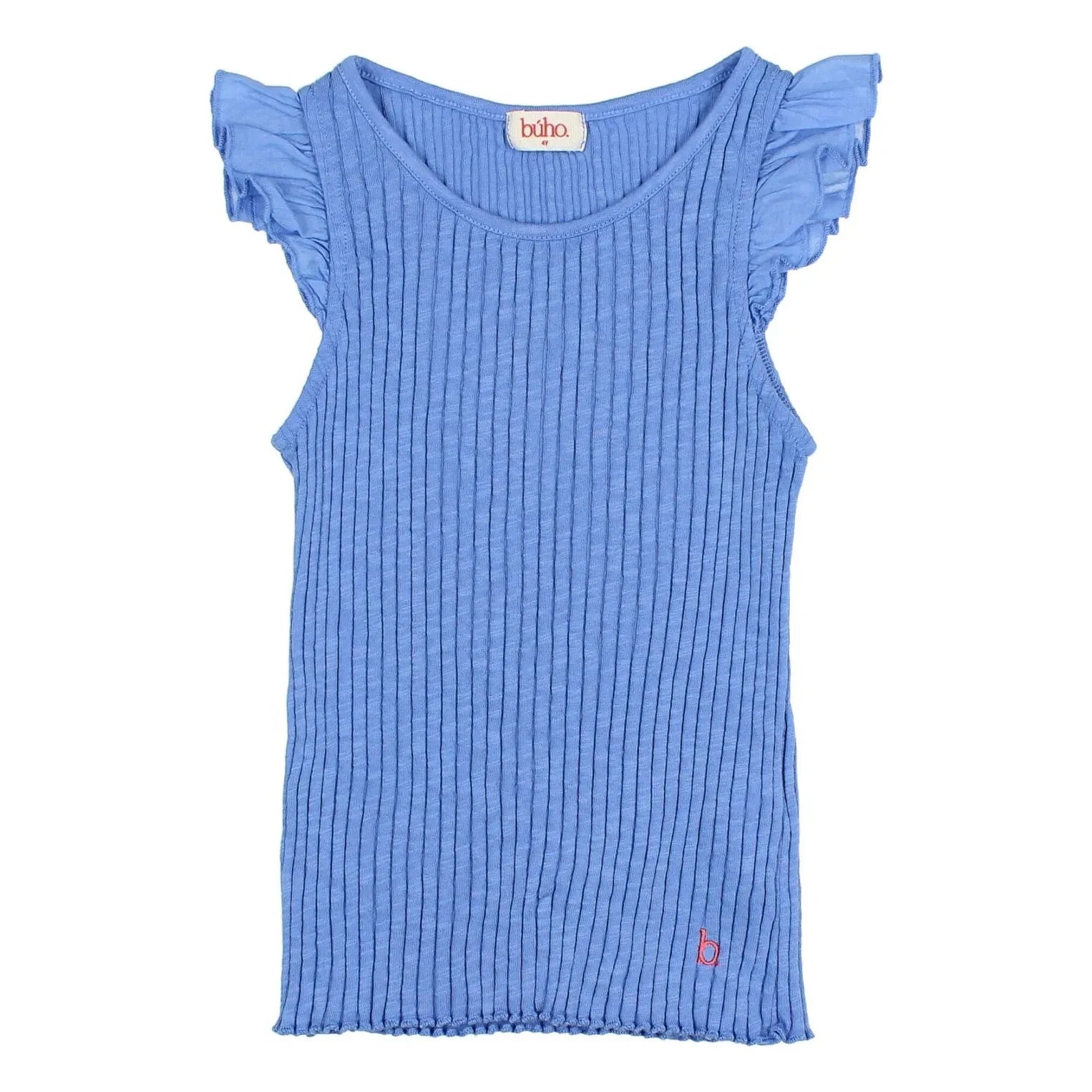 Búho - Organic cotton ruffled ribbed tank top | Azure blue