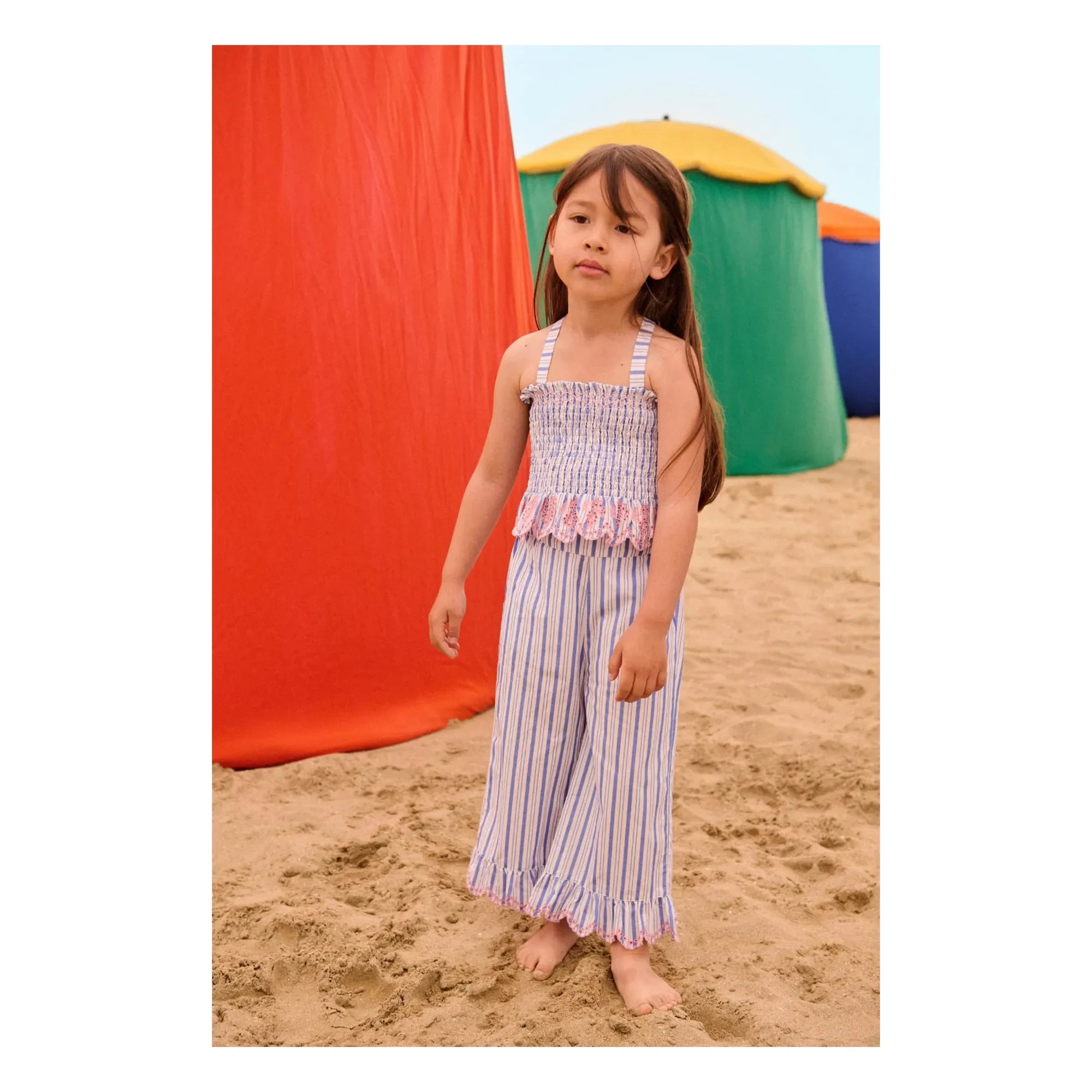 Louise Misha - Striped Poplin Organic Cotton Loukini Ruffled Pants | Blue