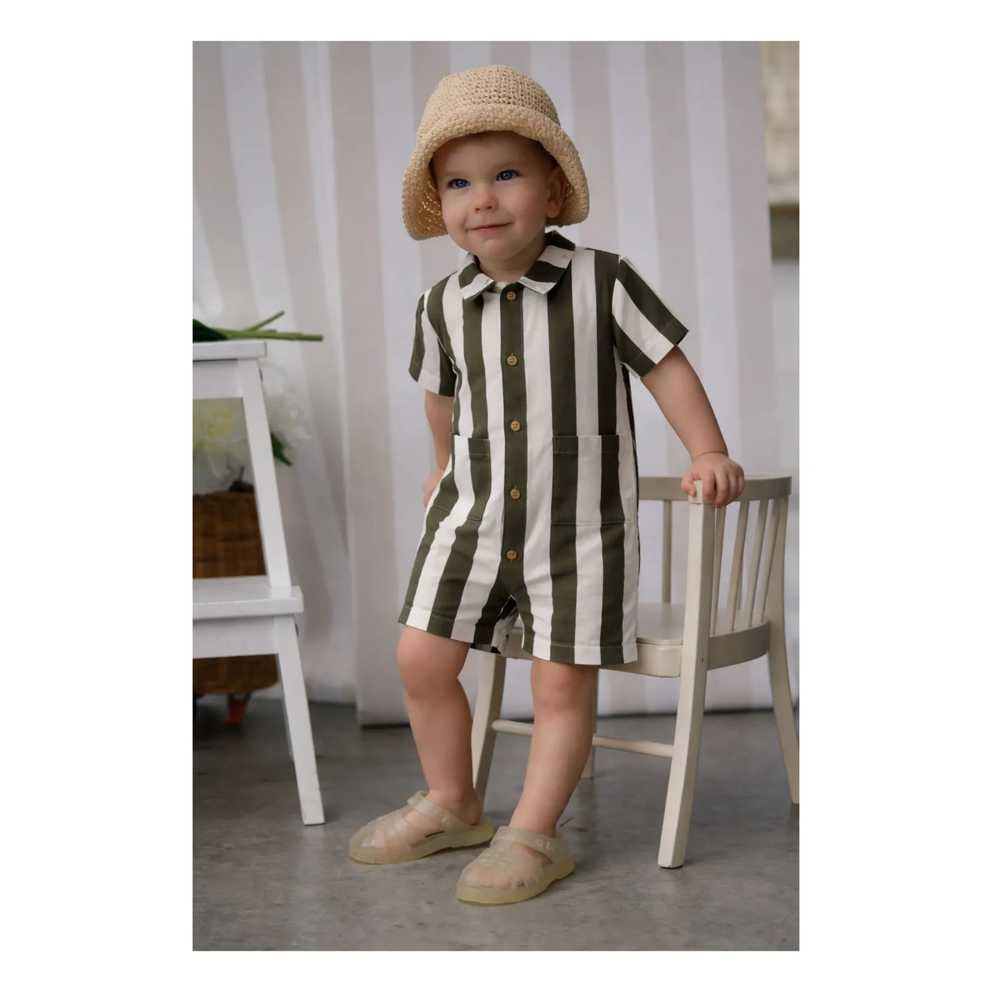 Lililotte - Charly Striped Gabardine Organic Cotton Romper | Olive