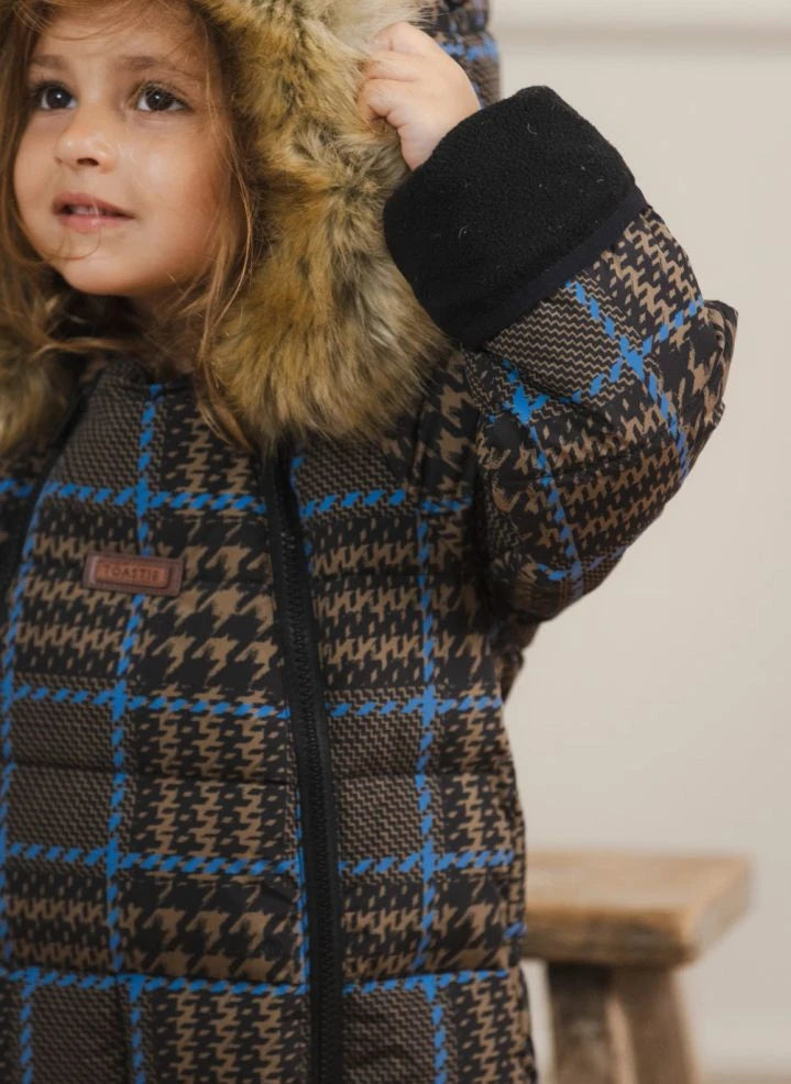 Töastie - Waterproof Faux Fur Hooded Cloud Jacket, Recycled Fiber Plaid Pattern | Blue