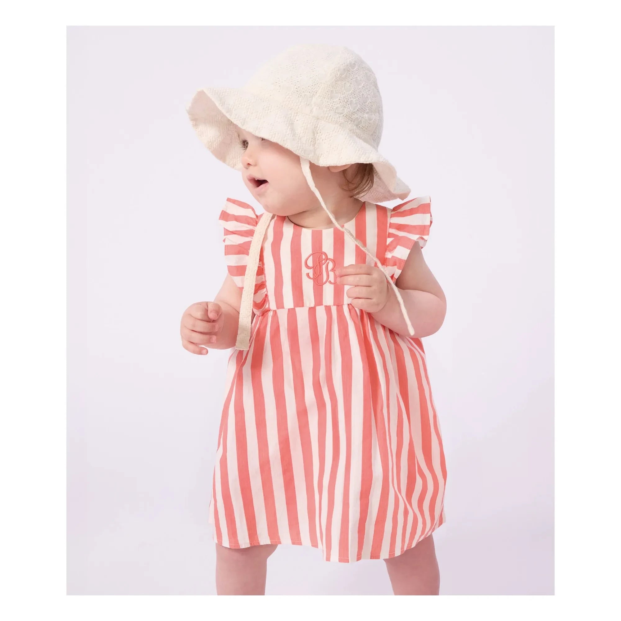Petit Bateau - Striped Seersucker Organic Cotton Dress & Bloomer Set | Coral