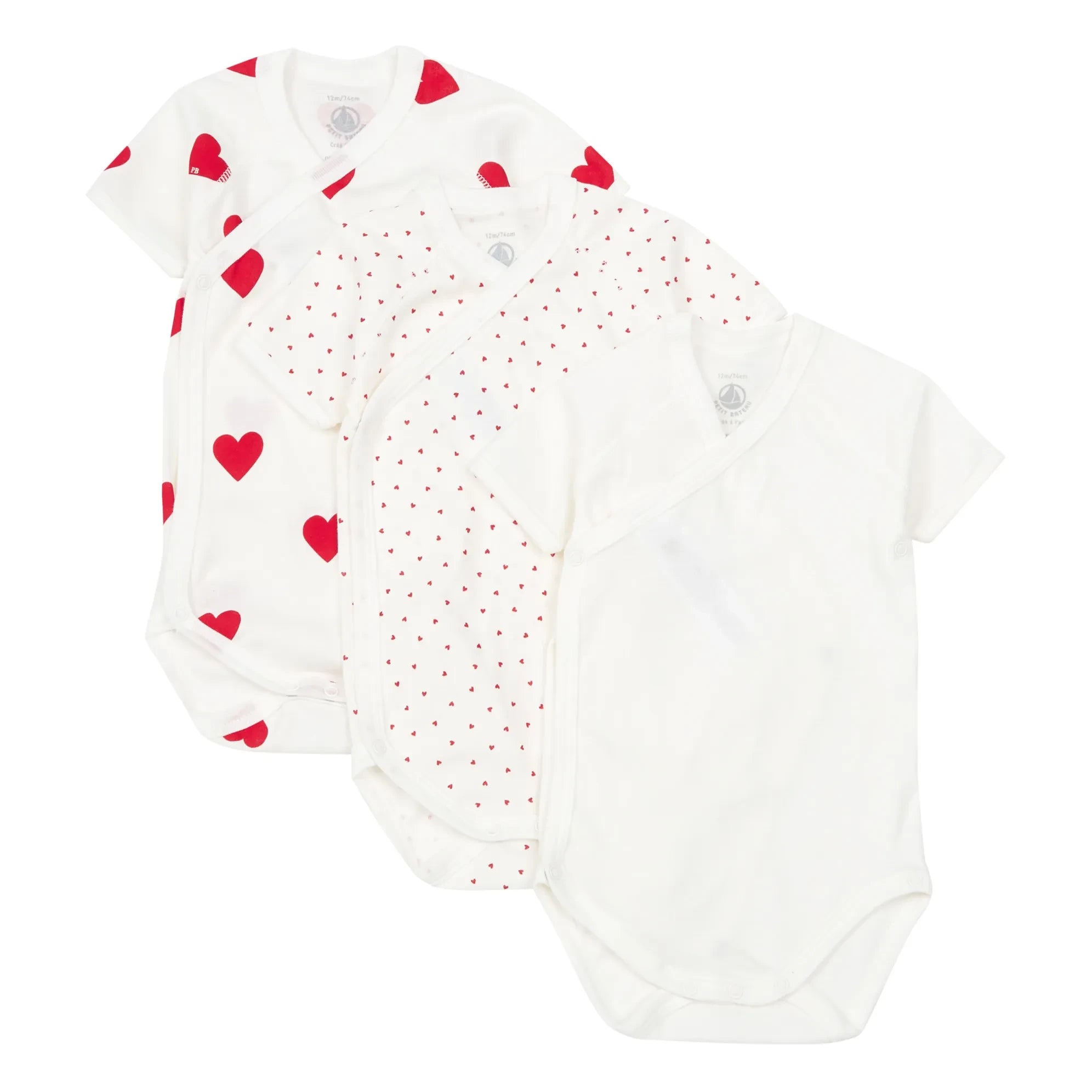 Petit Bateau - Organic Cotton Heart Baby Bodysuits - 3-Pack | Red