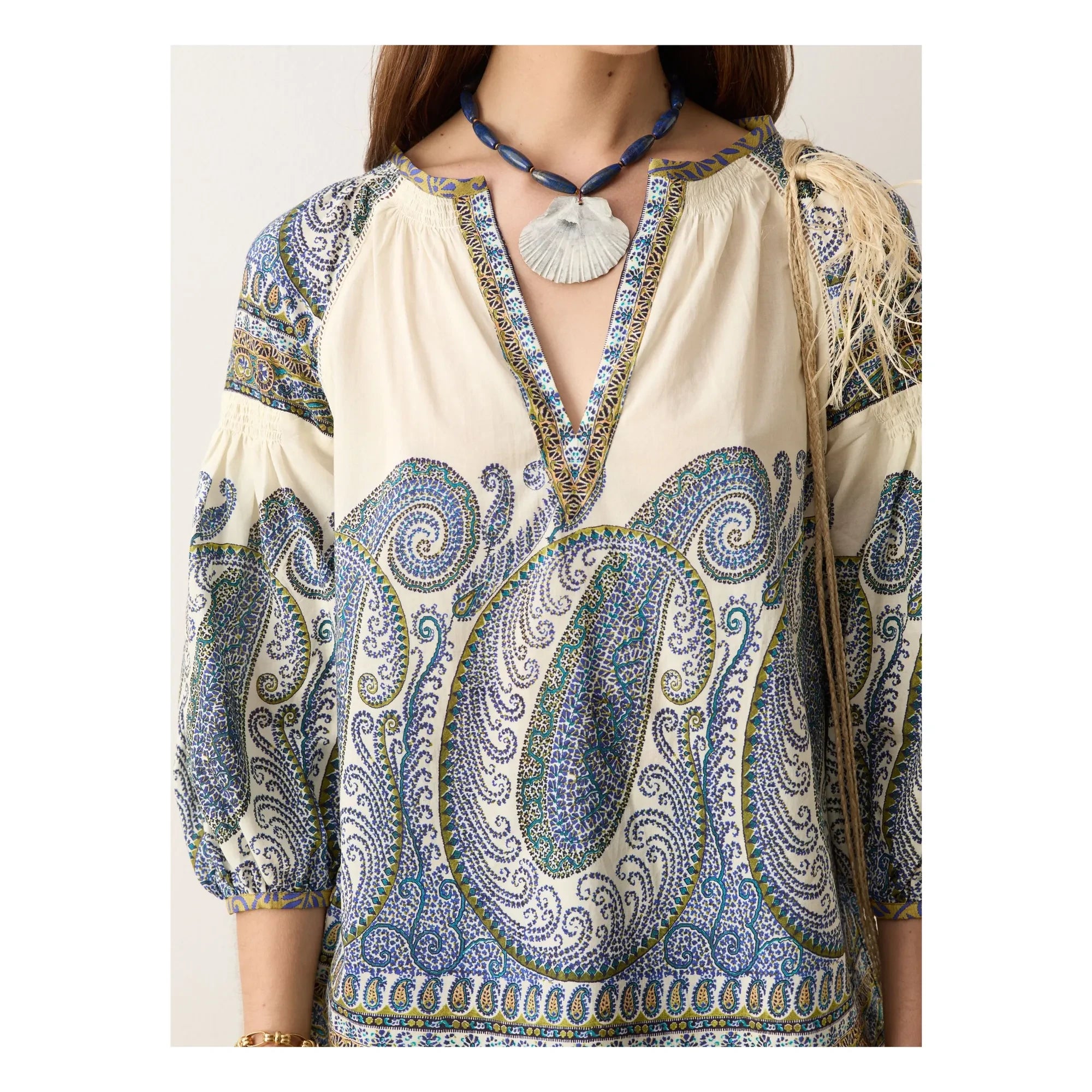 Boteh - Arcadia Cotton Gathered Blouse | Lapis Lazuli