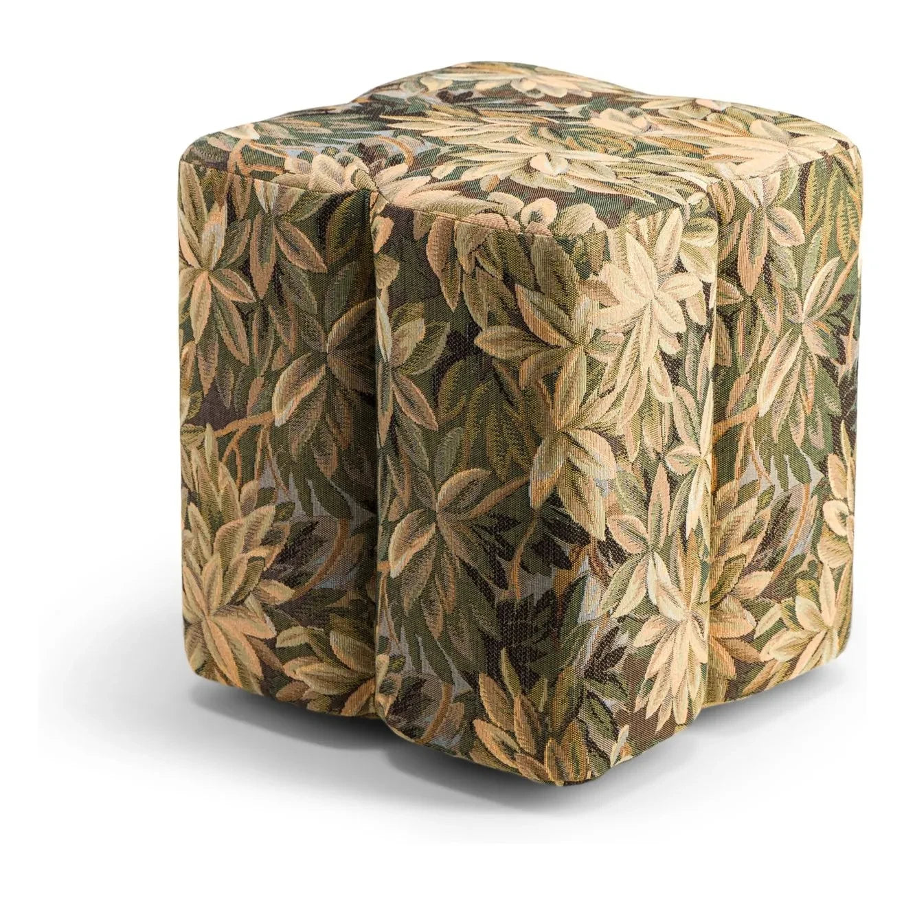 The Socialite Family - Fiori pouf in green leaf pattern tapestry fabric | White