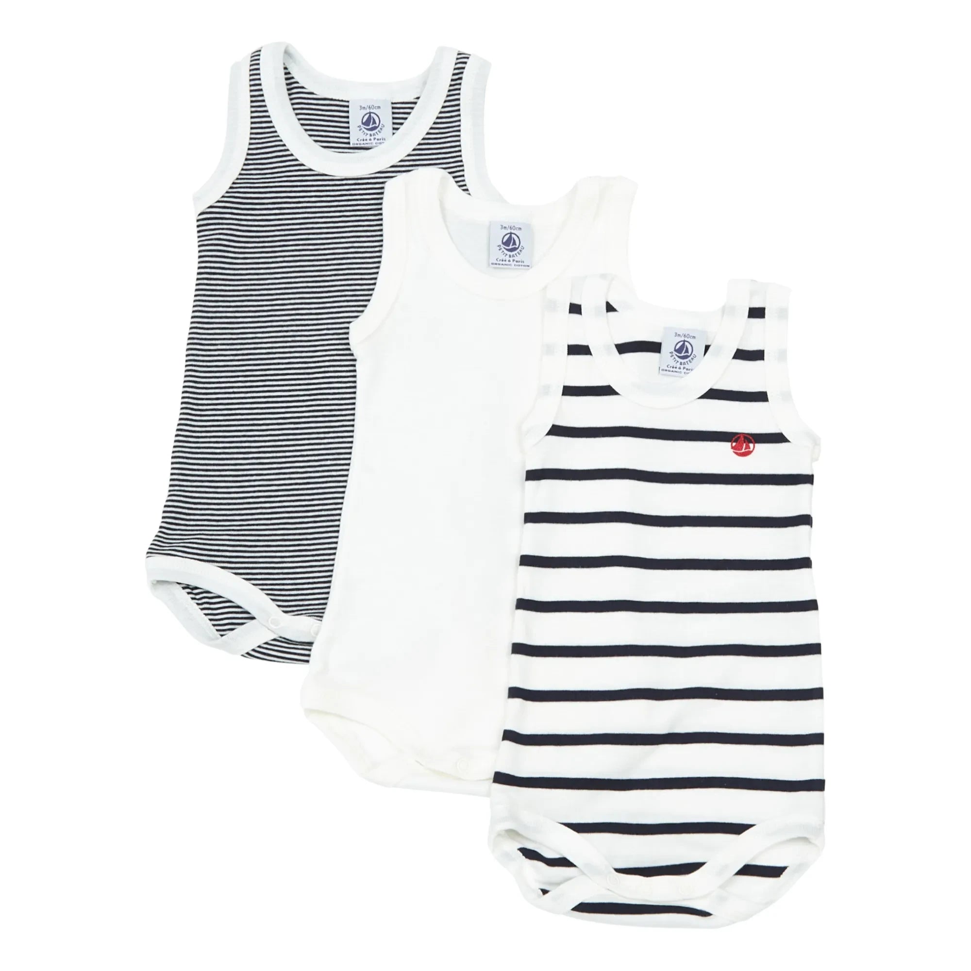 Petit Bateau - Set of 3 Organic Cotton Striped Baby Rompers | Blue