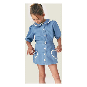 Mipounet - Louise Denim Skirt with Pockets and Hearts | Light Blue