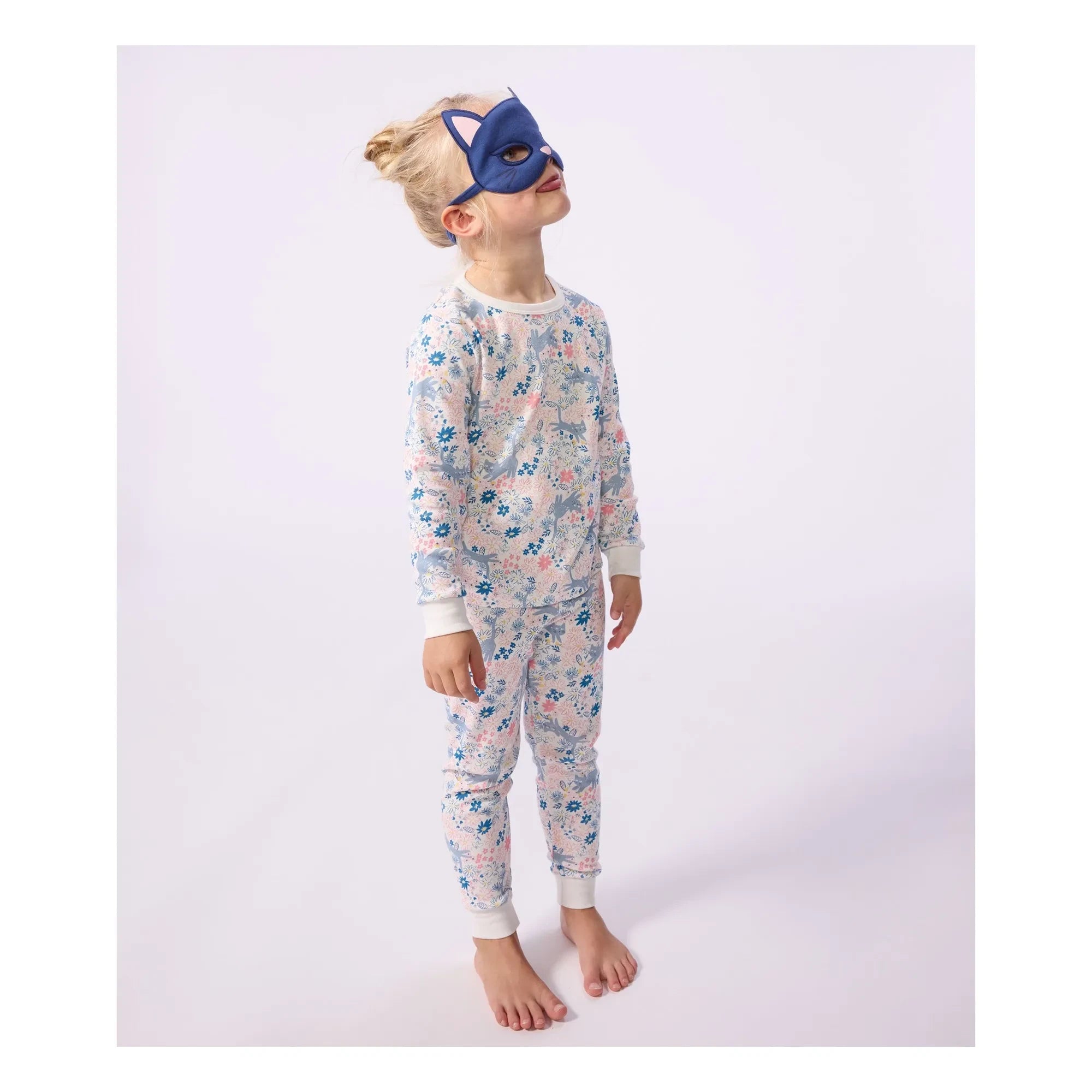 Petit Bateau - Organic Cotton Cat Masked and Floral Patterned Pajama Set | White
