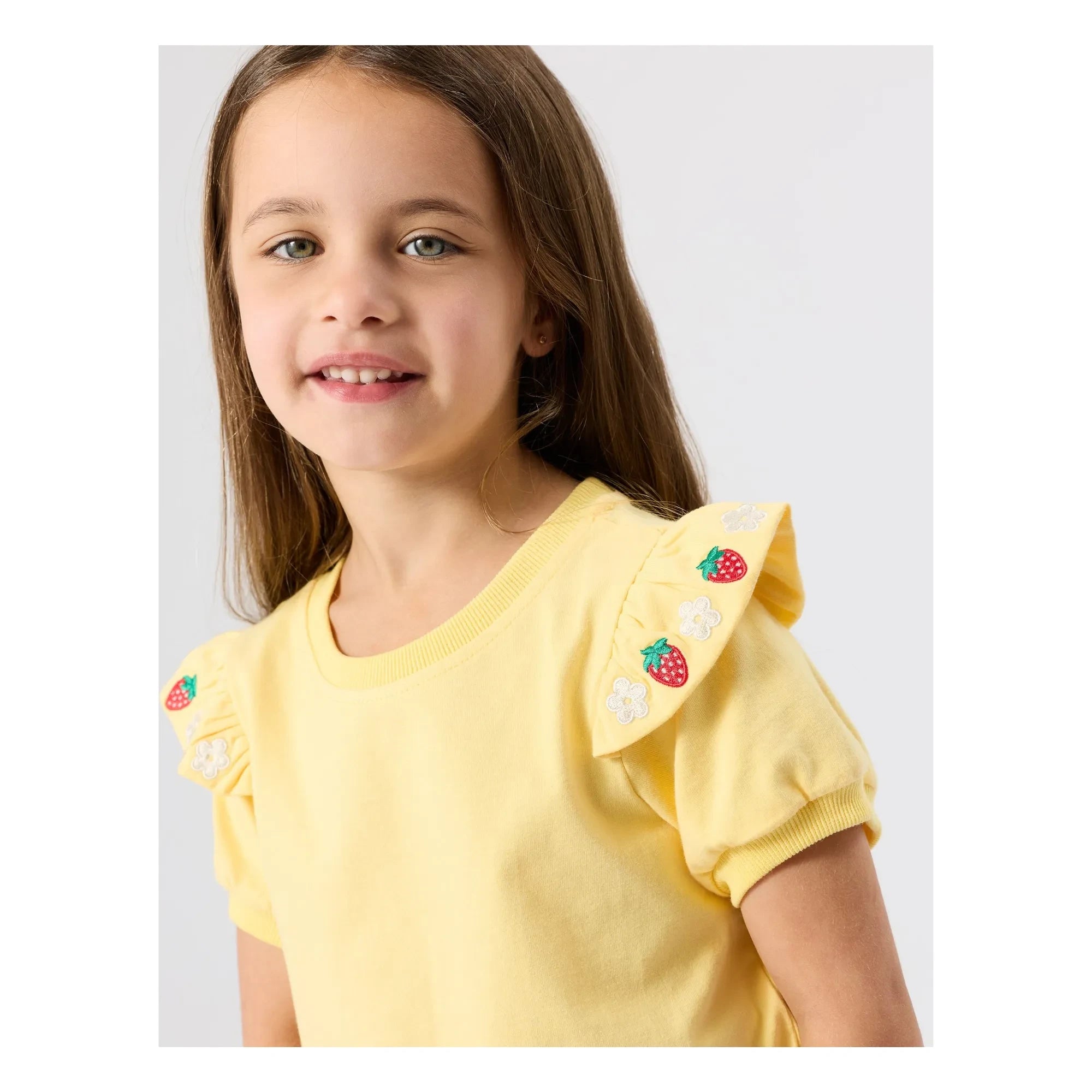 Goldie + Ace - Ruffle T-shirt with strawberry detail | Yellow