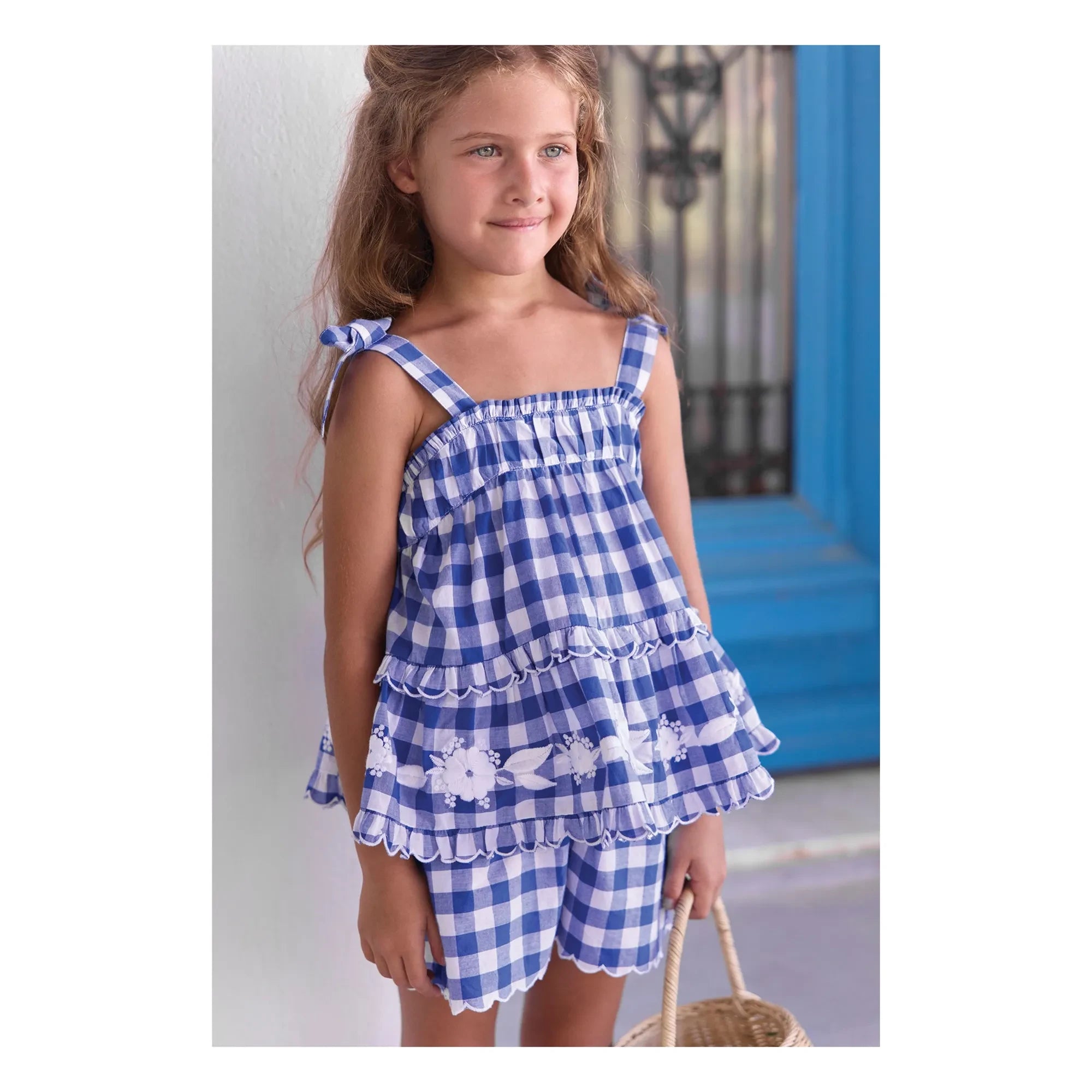 Tartine et Chocolat - Embroidered Top and Checked Shorts Set | Royal Blue