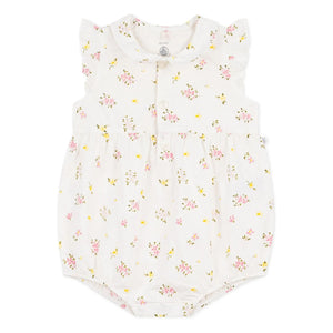 Petit Bateau - Beyaz Seersucker organik pamuk çiçek desenli tulum