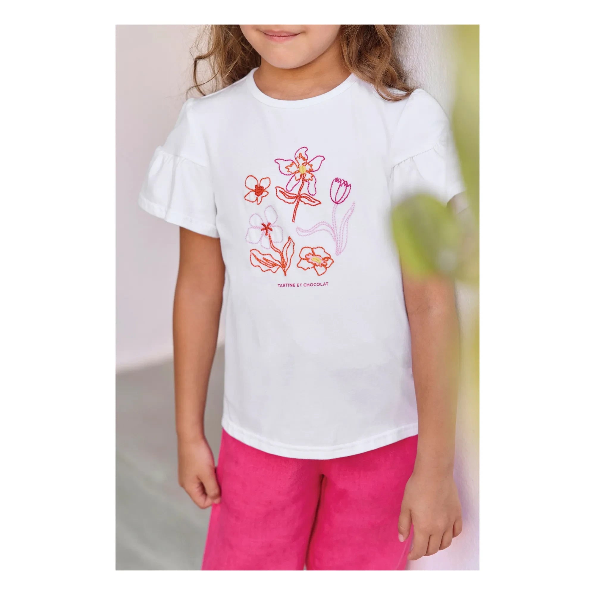 Tartine et Chocolat - Floral Embroidered Balloon Sleeve T-Shirt | White