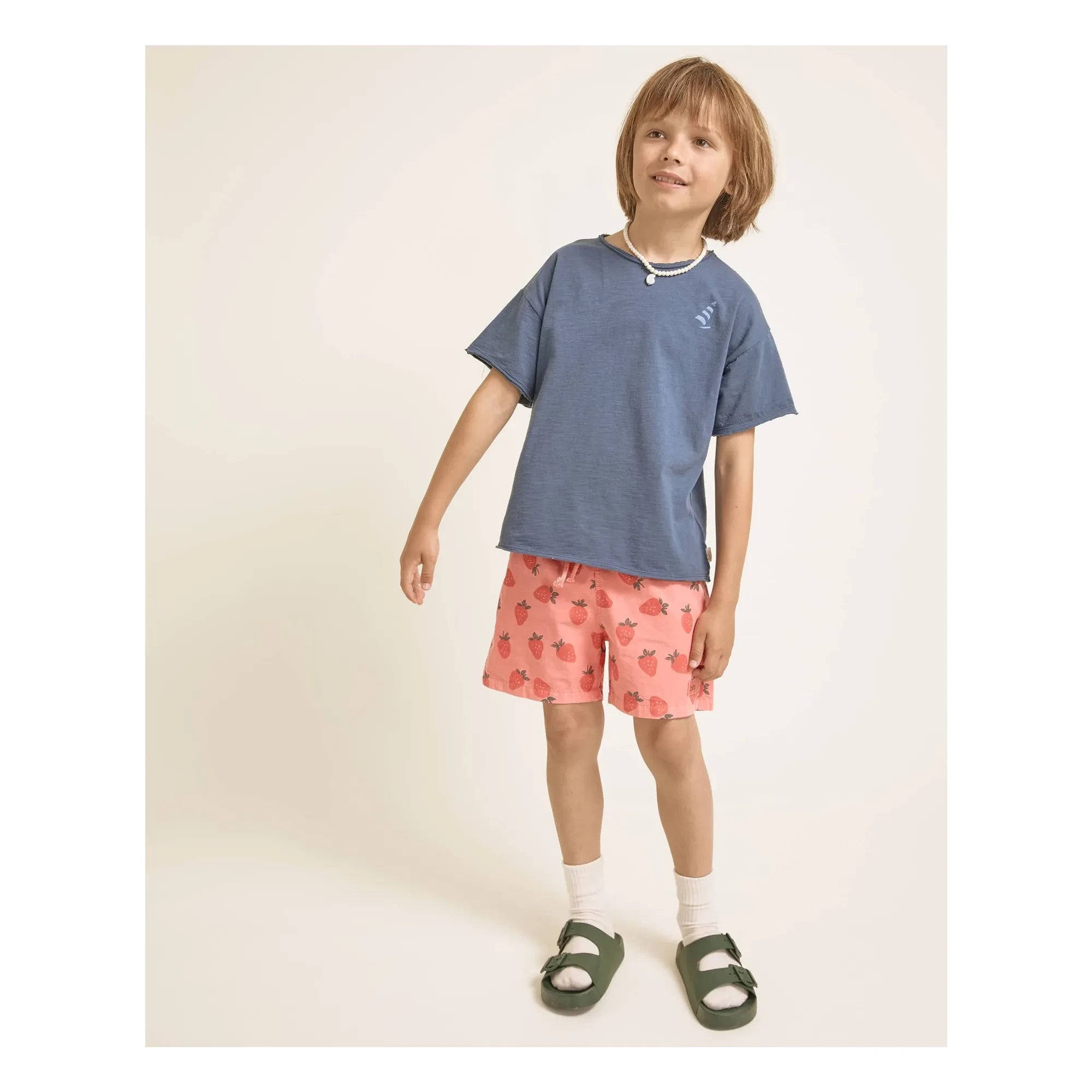 Búho - Strawberry Patterned Poplin Organic Cotton Swimsuit Shorts | Pale Red