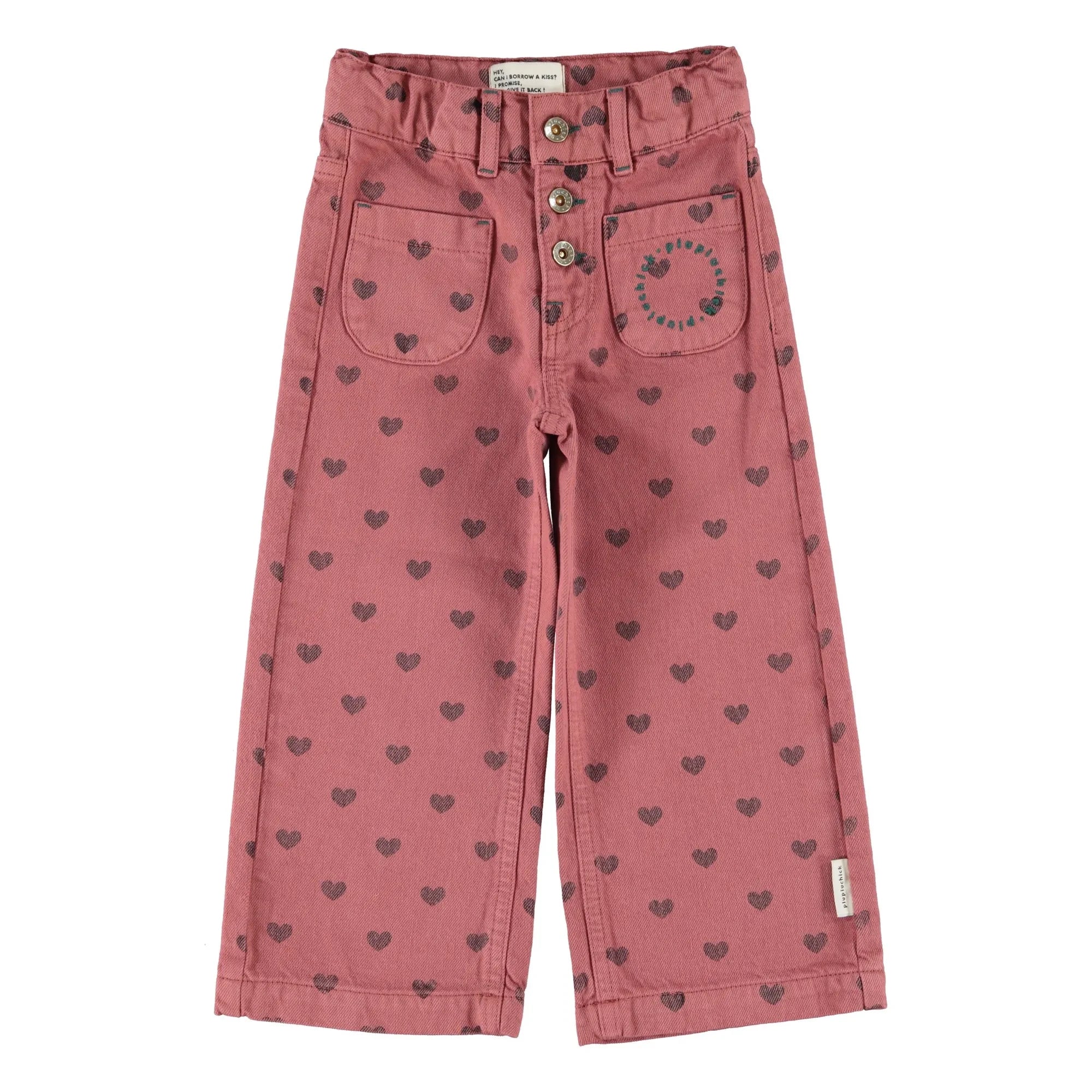 Piupiuchick - Organik Pamuklu Kalp Desenli İspanyol Paça Pantolon | Pembe