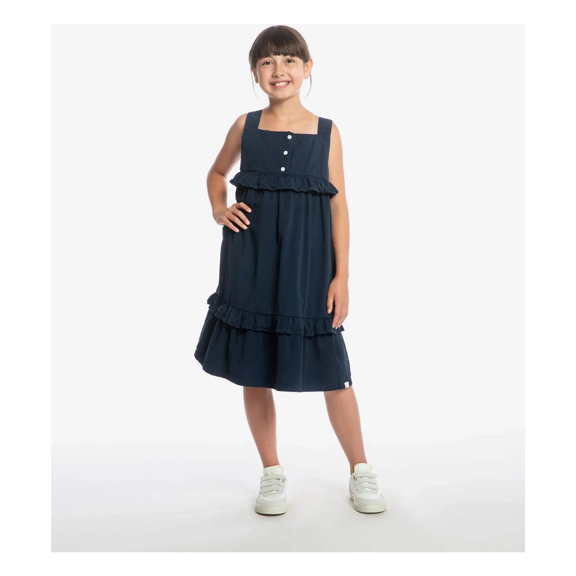 Matona - Mi-Long Ruffle Dress Organic Cotton | Navy Blue