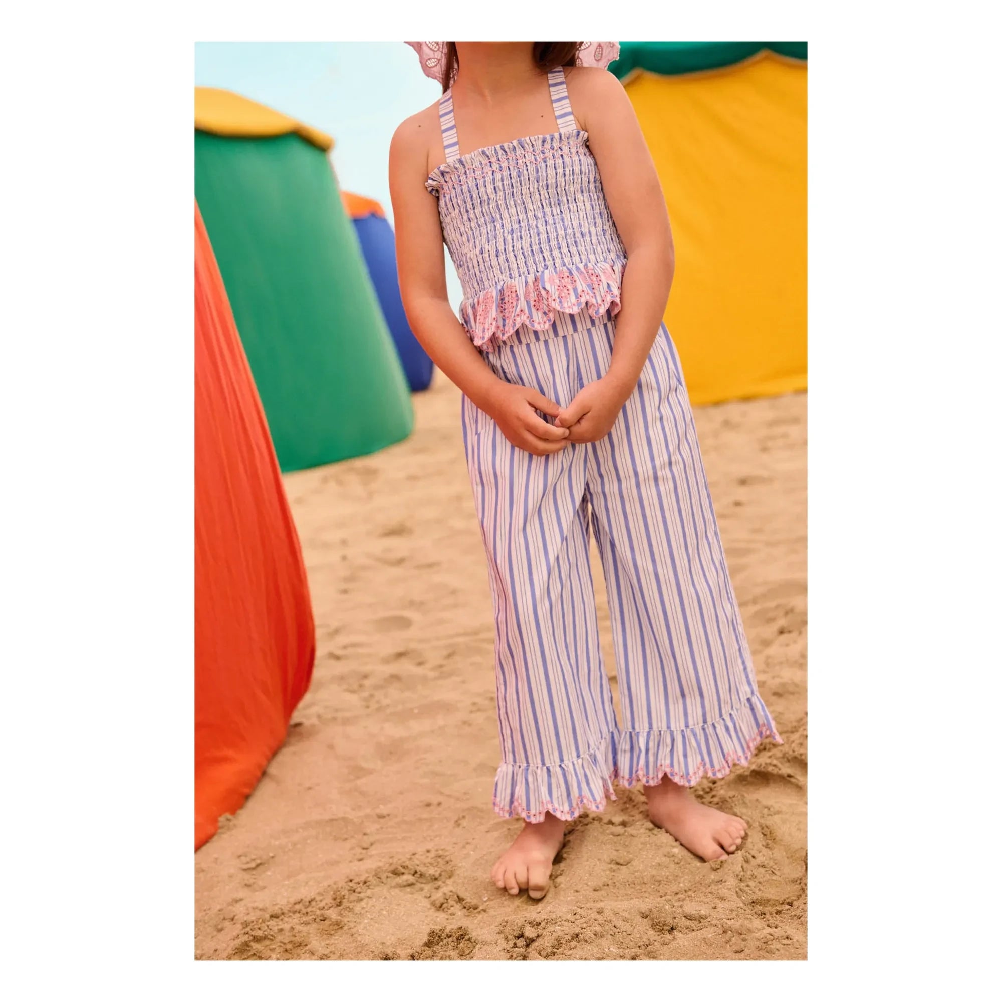 Louise Misha - Striped Poplin Organic Cotton Loukini Ruffled Pants | Blue
