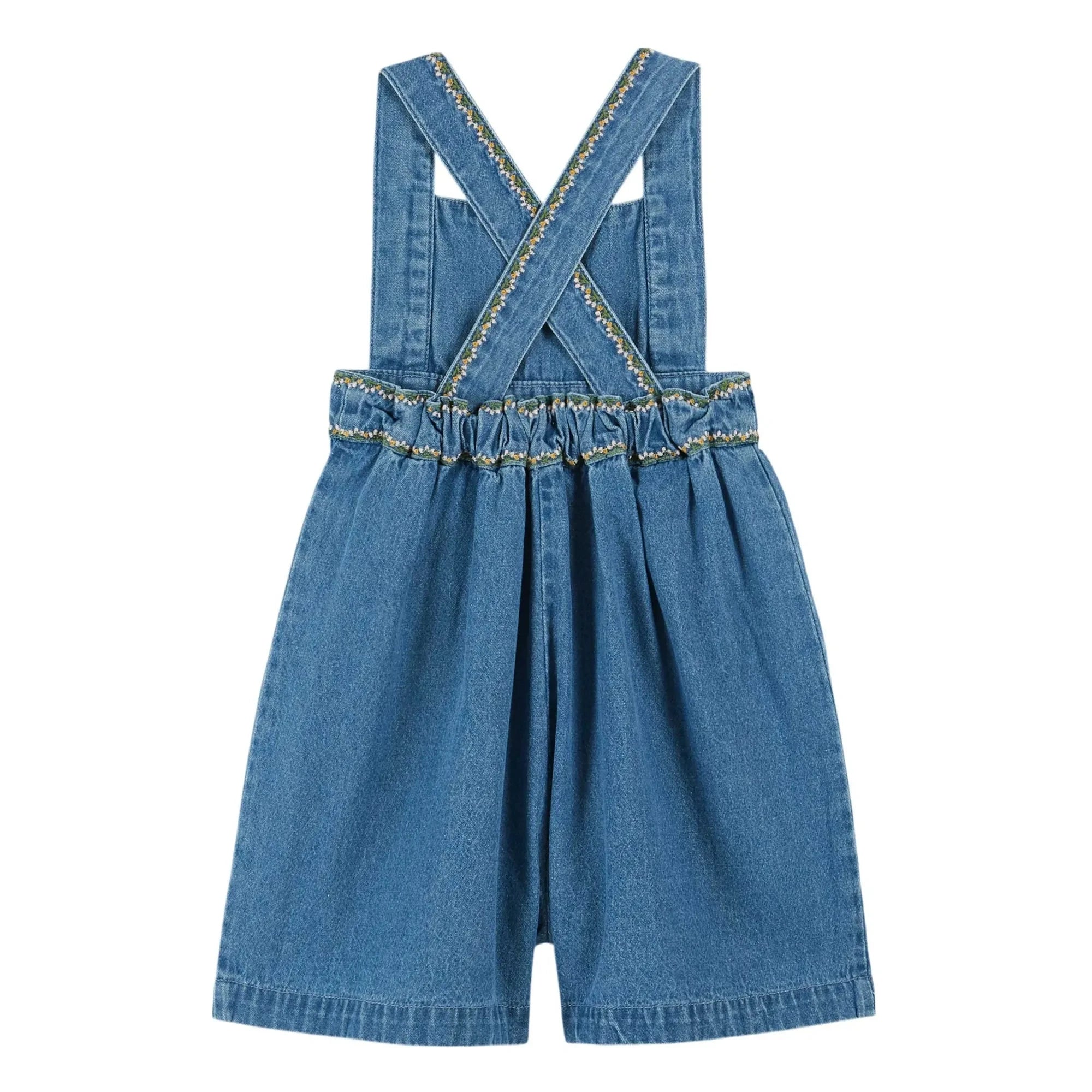 Emile et Ida - Short Denim Embroidered Cherry Romper | Blue