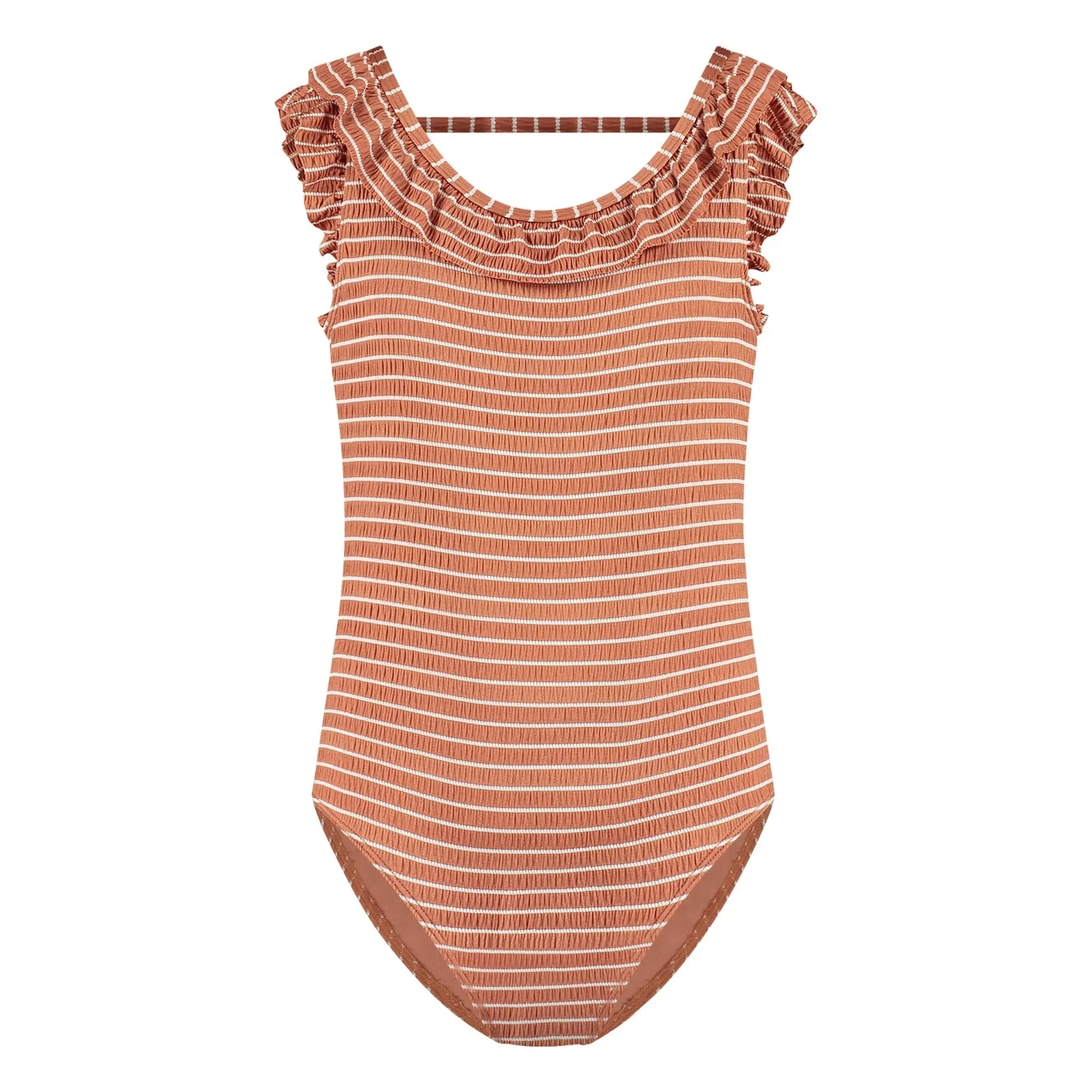 Beachlife - One-Piece Striped Ruffled Recycled Fabric Swimsuit | Caramel
