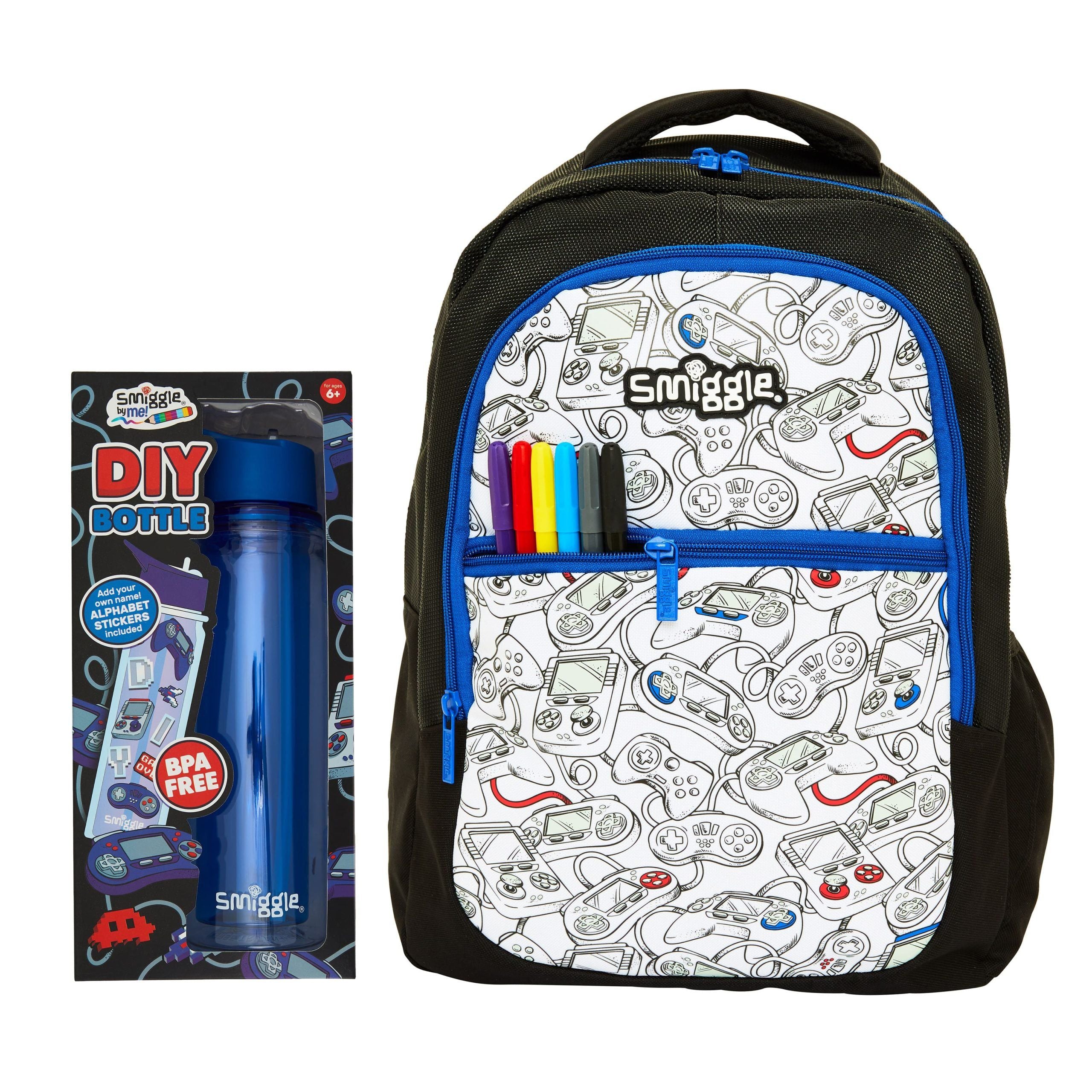 Smiggle - Okul Çanta Seti - Live Siyah Kendin Yap Çantası ve Şisesi-Dinossi