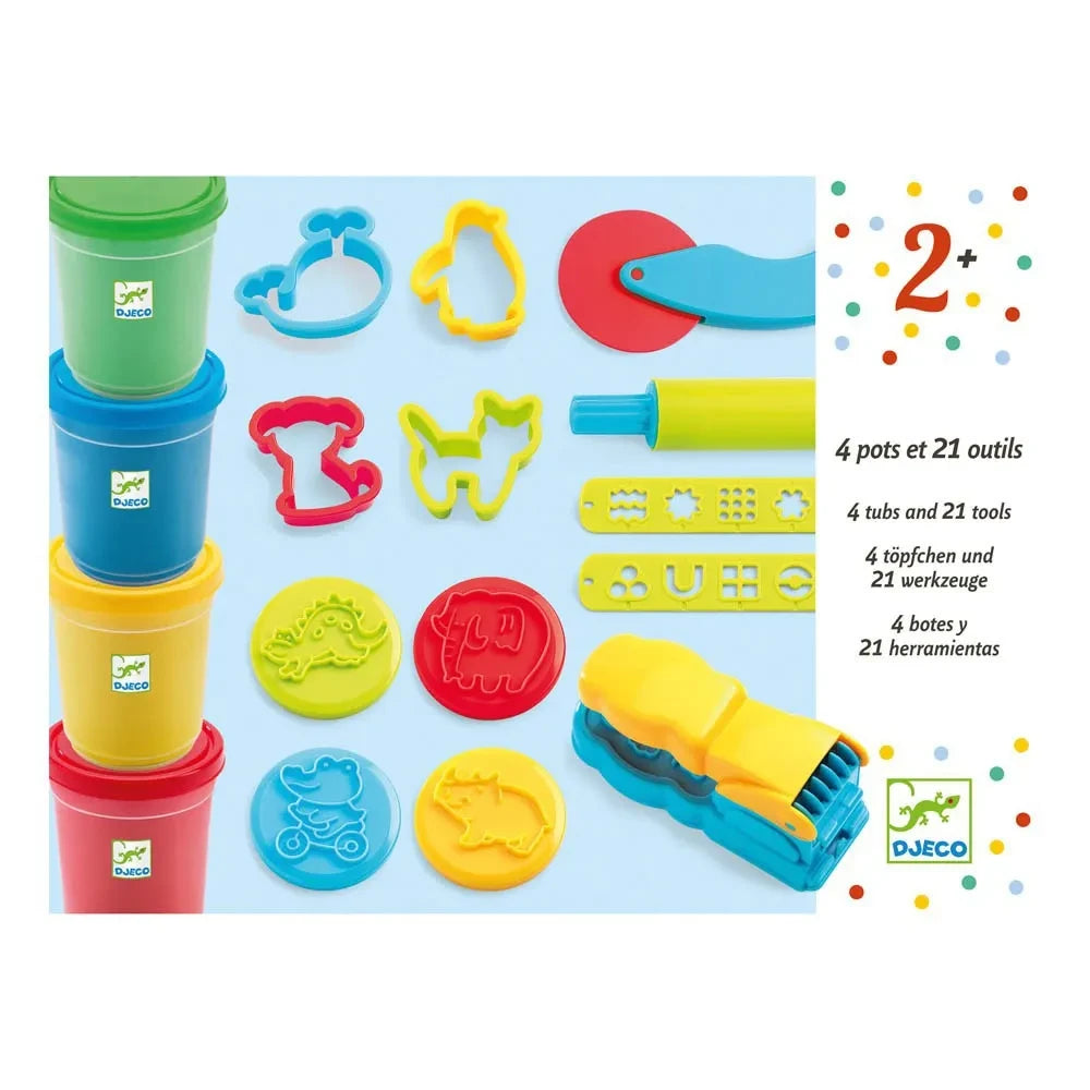 Djeco - 4 Playdough and 21 Vehicles Set