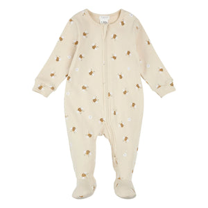 Petit Lem - Ribbed Pajama with Embossed Bee Pattern Organic Cotton | Beige