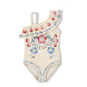 Molo - Asymmetric Ruffled Swimsuit with Seashell Print Made from Recycled Fibers | Ecru