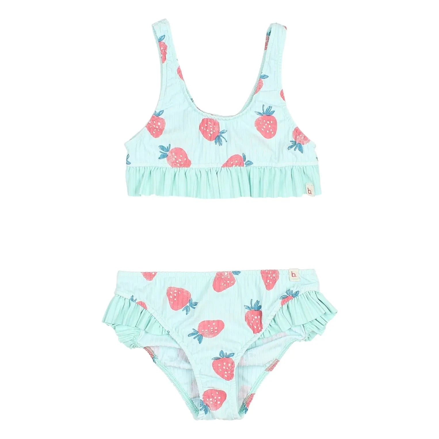 Búho - Strawberry Patterned Ribbed Ruffled Swimsuit | Aqua