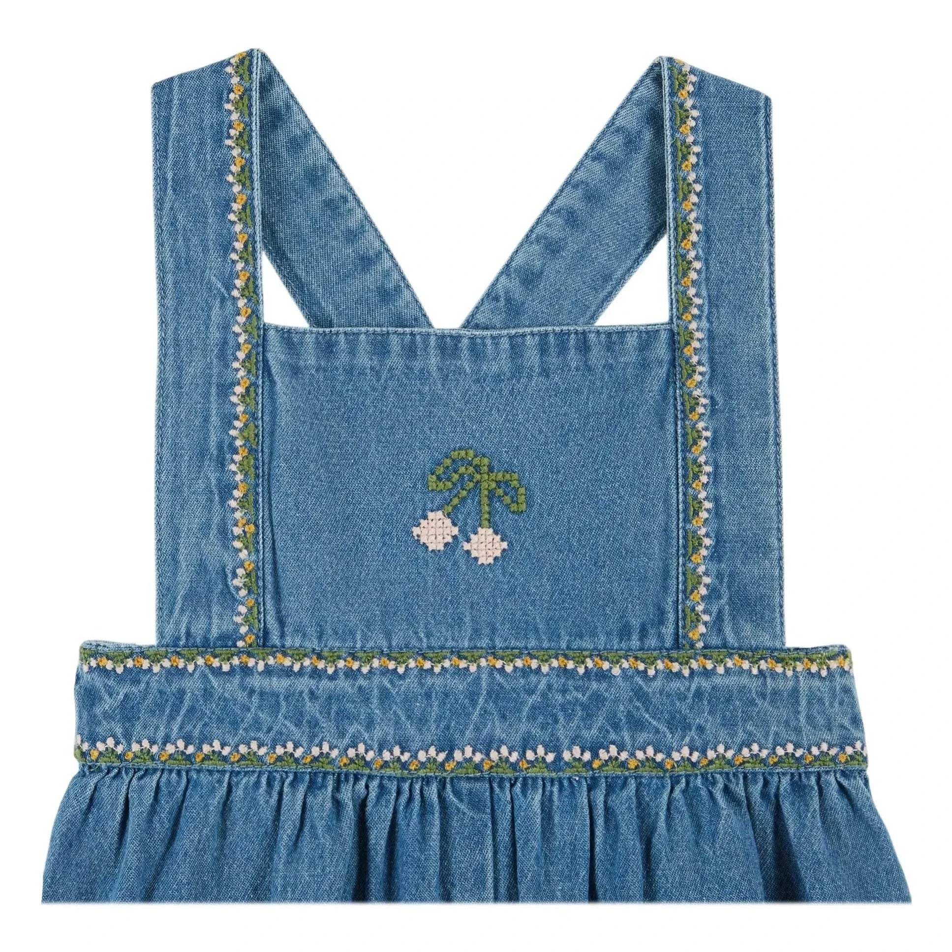 Emile et Ida - Short Denim Embroidered Cherry Romper | Blue