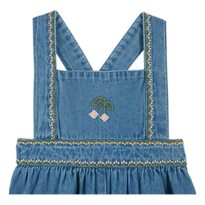 Emile et Ida - Short Denim Embroidered Cherry Romper | Blue