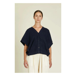 Black Crane - Origami Linen Top | Navy