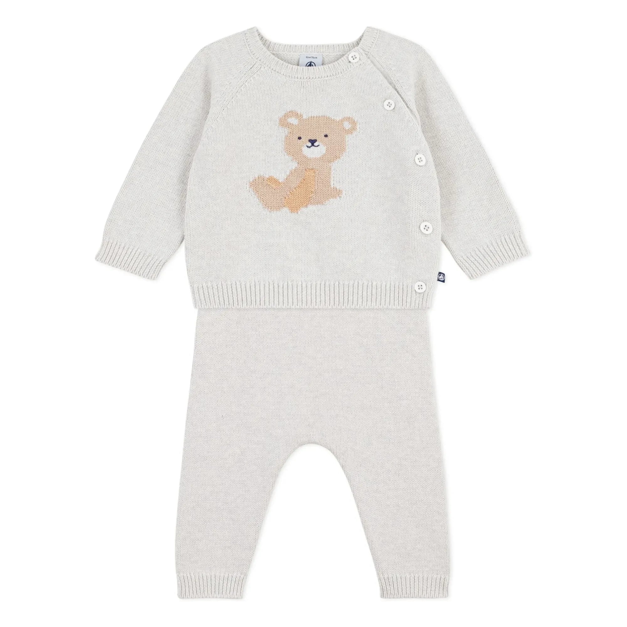 Petit Bateau - Organik Pamuklu Ayıcık Jakarlı Kazak ve Pantolon Takımı | Heather bej