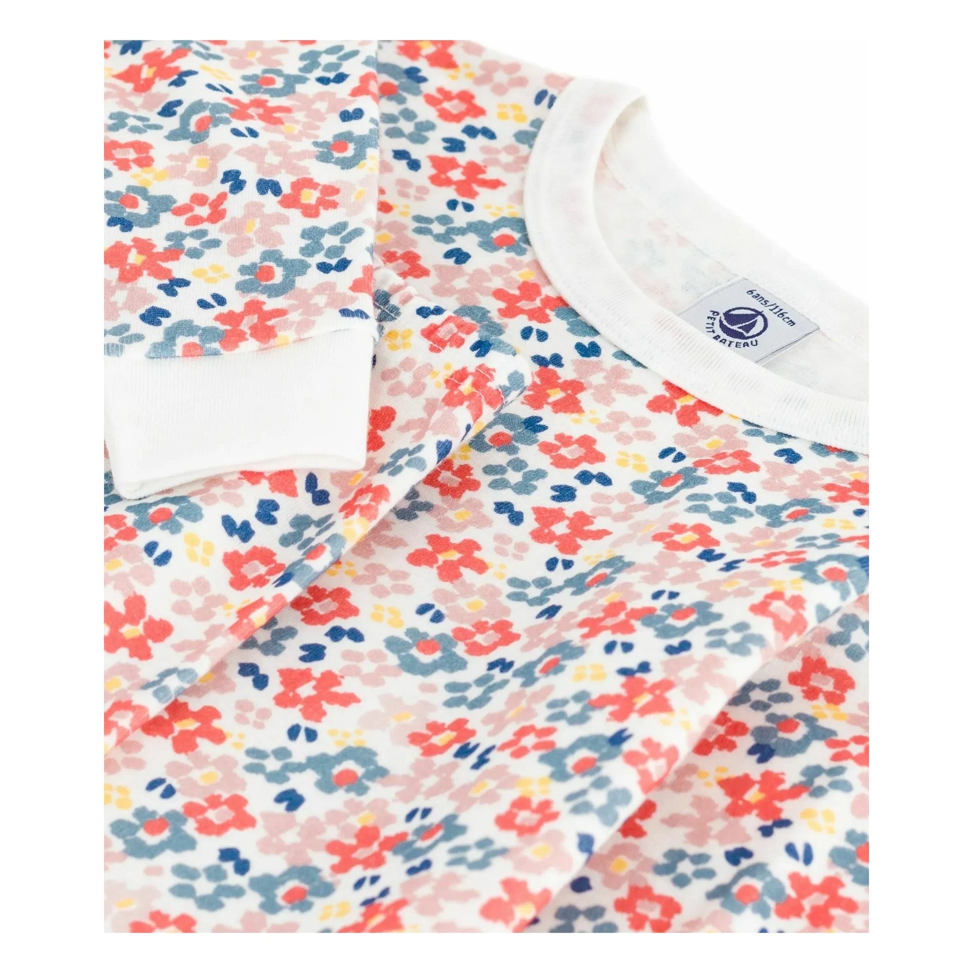 Petit Bateau - Organik pamuklu, kontrast kenarlı çiçekli pijama takımı | Beyaz