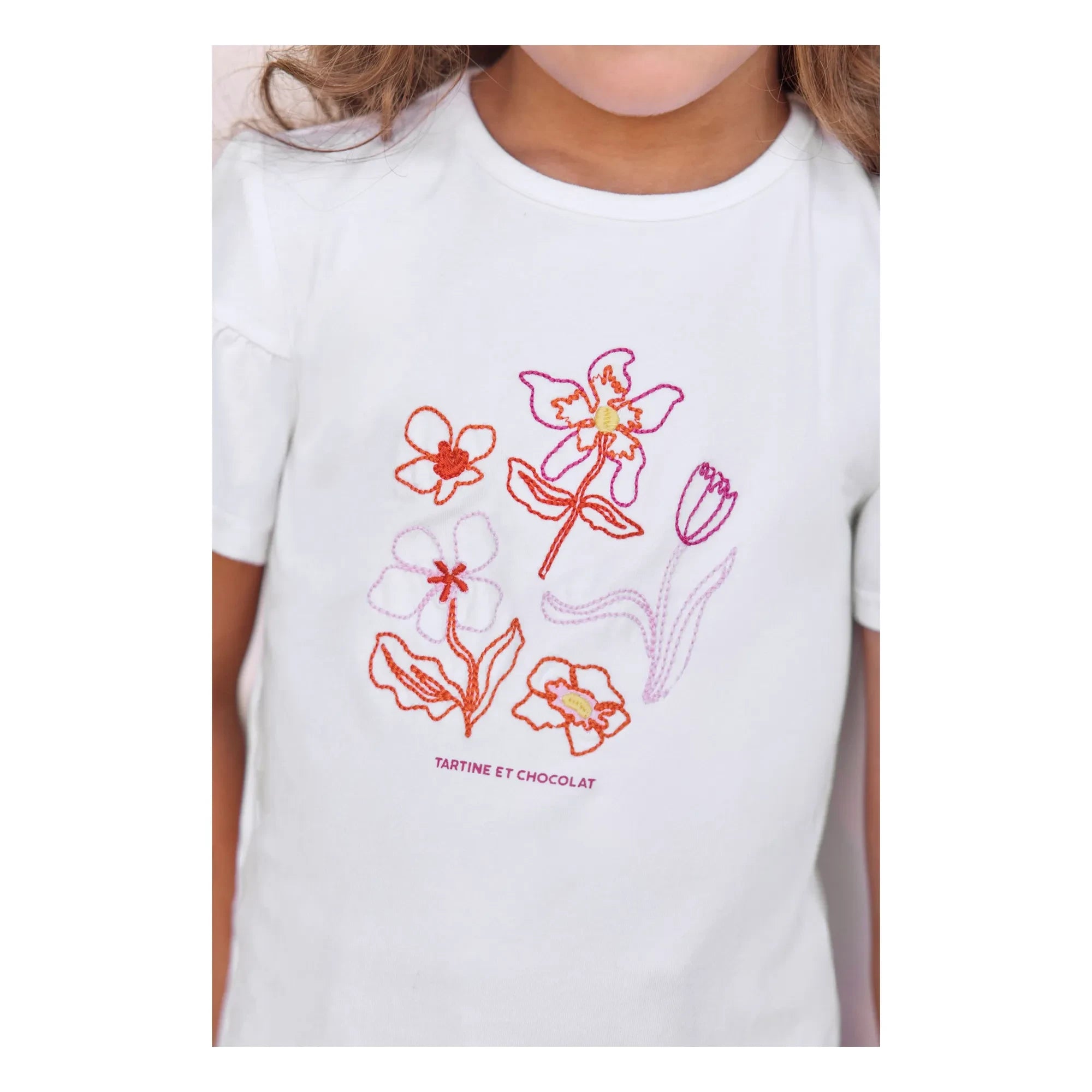 Tartine et Chocolat - Floral Embroidered Balloon Sleeve T-Shirt | White