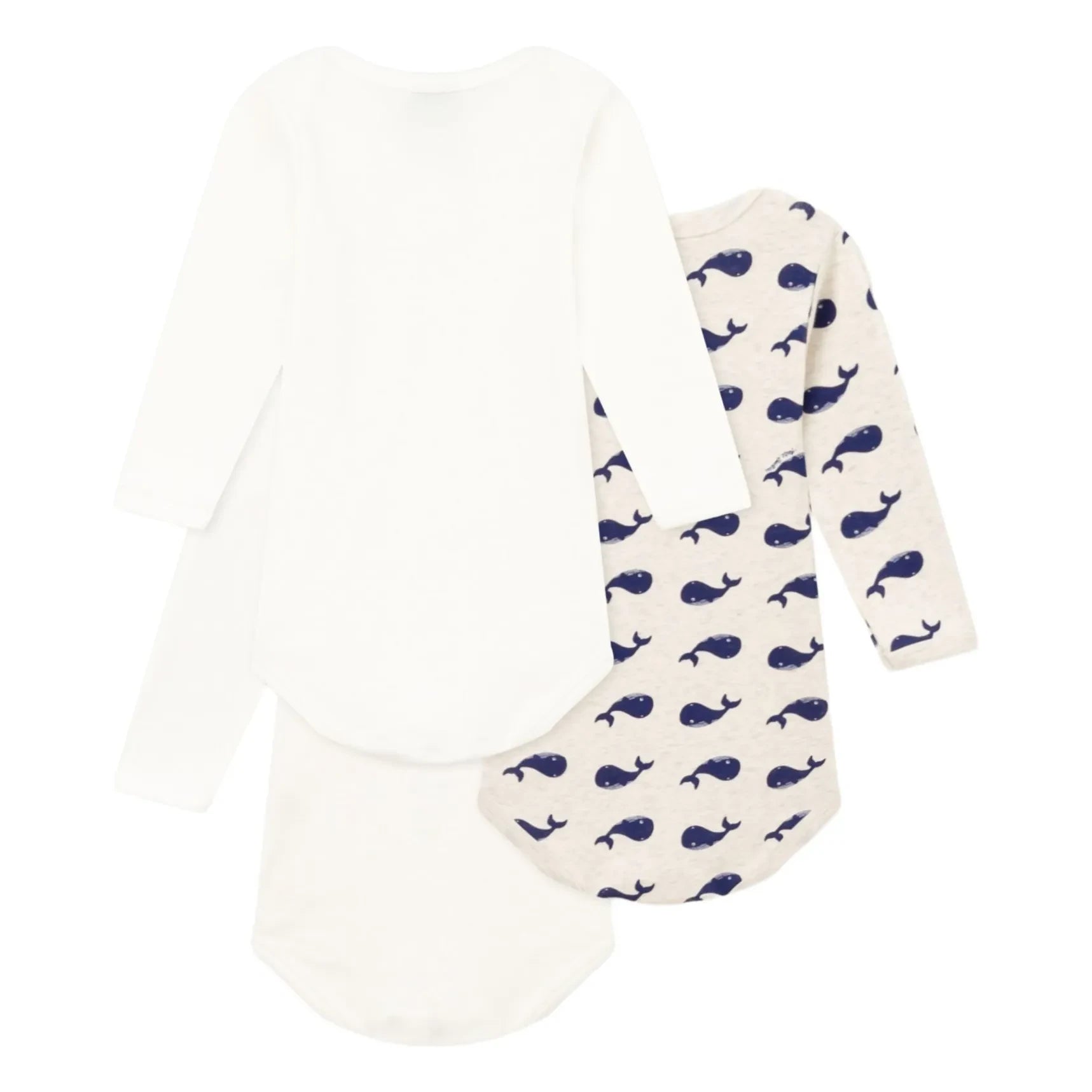 Petit Bateau - 3’lü Uzun Kollu Balina Desenli Organik Pamuklu Body Seti | Beyaz