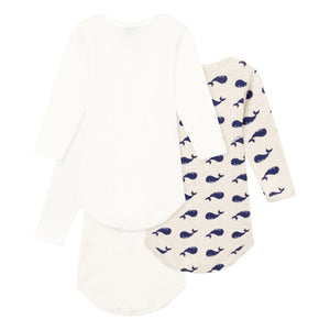 Petit Bateau - 3’lü Uzun Kollu Balina Desenli Organik Pamuklu Body Seti | Beyaz