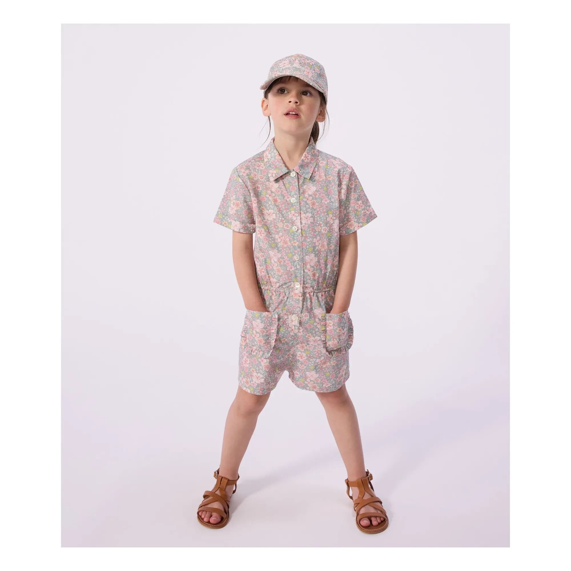 Petit Bateau - Organic Cotton Poplin Floral Jumpsuit | Grey Blue