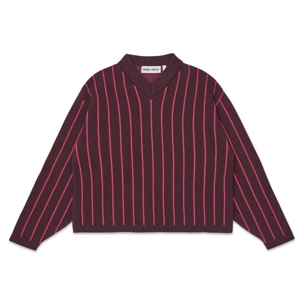 Main Story - Organik Pamuklu Çizgili V Yaka Sweatshirt | Bordo