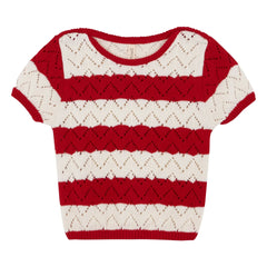 birinit - Pointelle Chili Striped T-Shirt | Red
