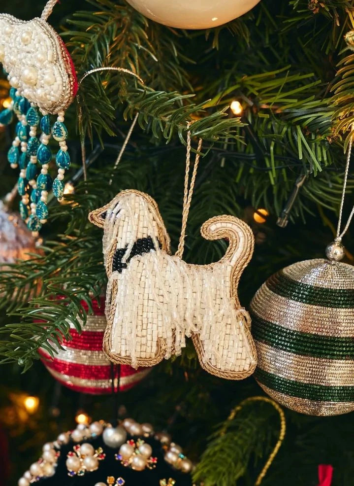 Anna + Nina - Showy Beaded Dog Christmas Ornament | White
