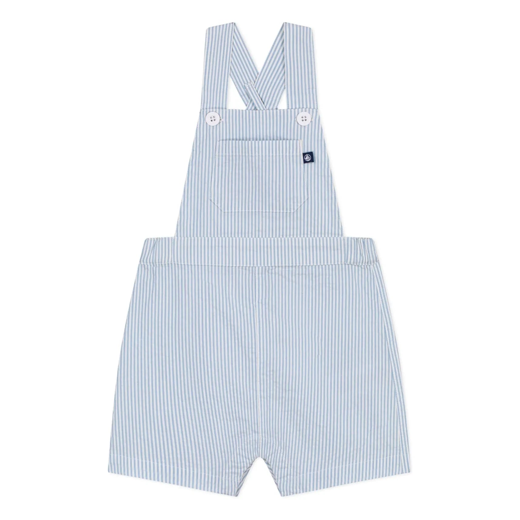 Petit Bateau - Striped Seersucker Organic Cotton Short Overalls | Light Blue