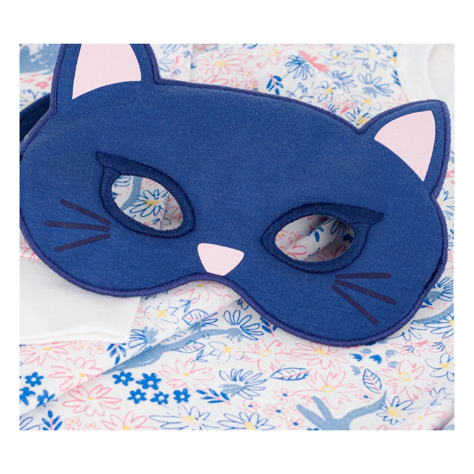 Petit Bateau - Organic Cotton Cat Masked and Floral Patterned Pajama Set | White