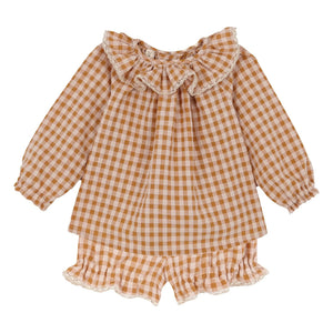 birinit - Organic cotton Vichy blouse and bloomer set | Caramel