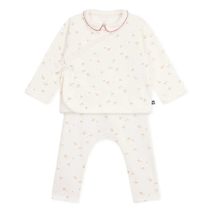 Petit Bateau - Organik Pamuklu Çiçekli Body, Üstlük ve Pantolon Seti | Ekru