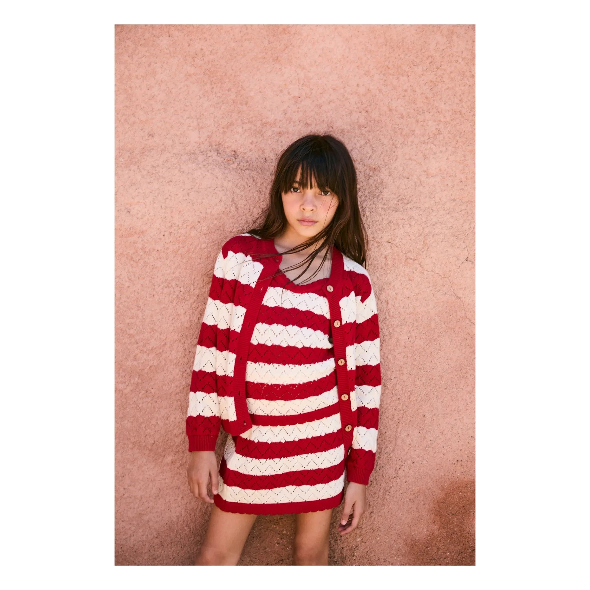 birinit - Pointelle Chili Striped Cardigan | Red