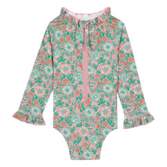 Bonton - Long Sleeve Ruffle Collar Swimsuit Flowers | Lilac