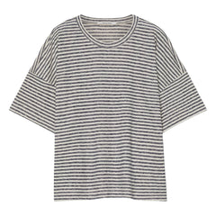 Pomandère - Cotton and Linen Jarse Striped T-Shirt | Night Blue