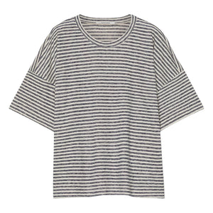Pomandère - Cotton and Linen Jarse Striped T-Shirt | Night Blue