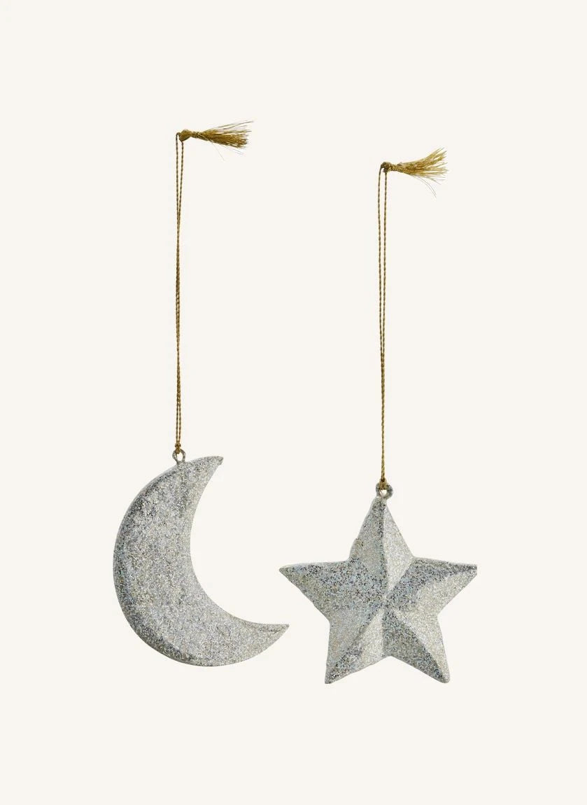Madam Stoltz - Paper Mâché Moon and Star Christmas Ornament - Set of 2 | Silver