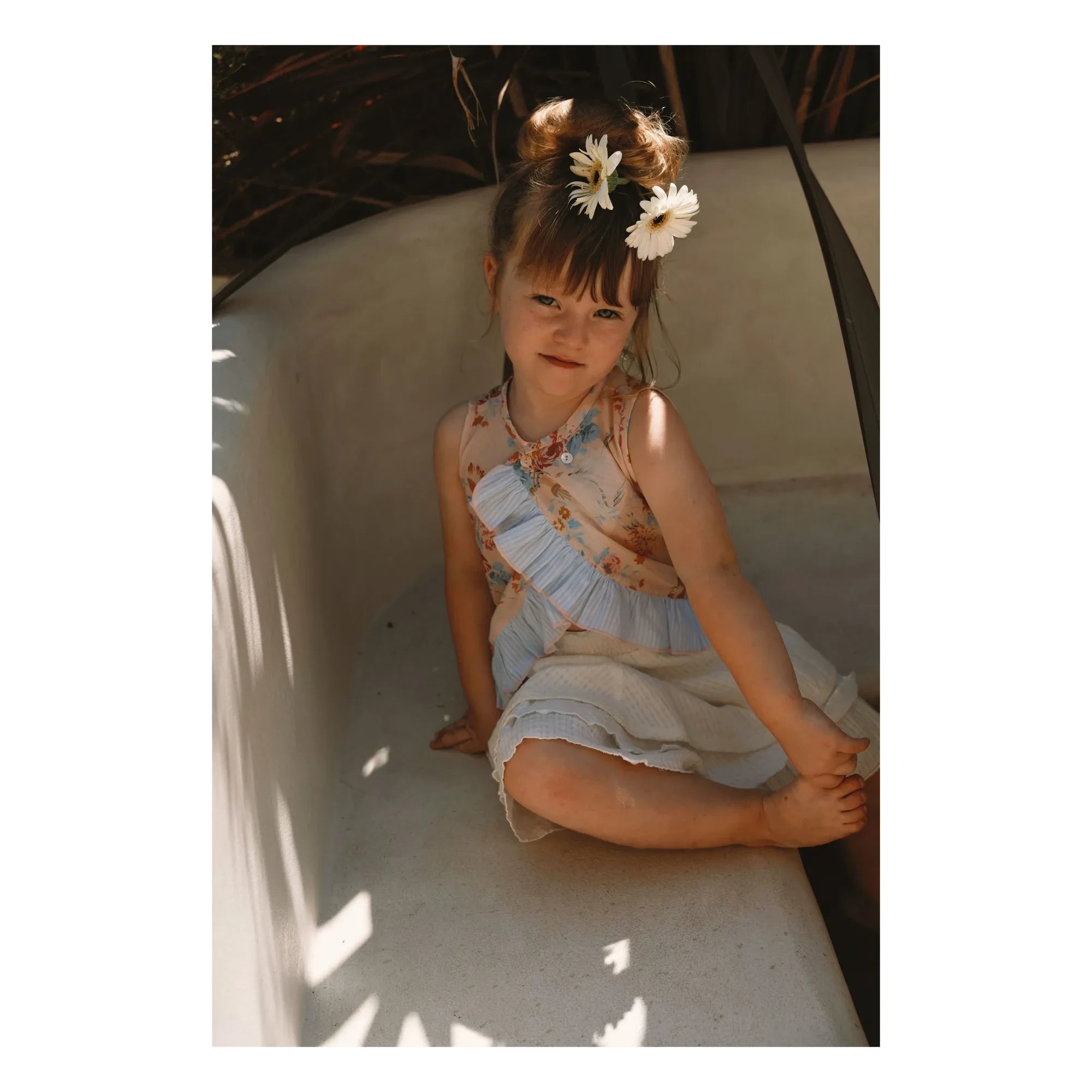 Lilinoa - Floral Pattern Ruffled Cotton Voile Top | Peach