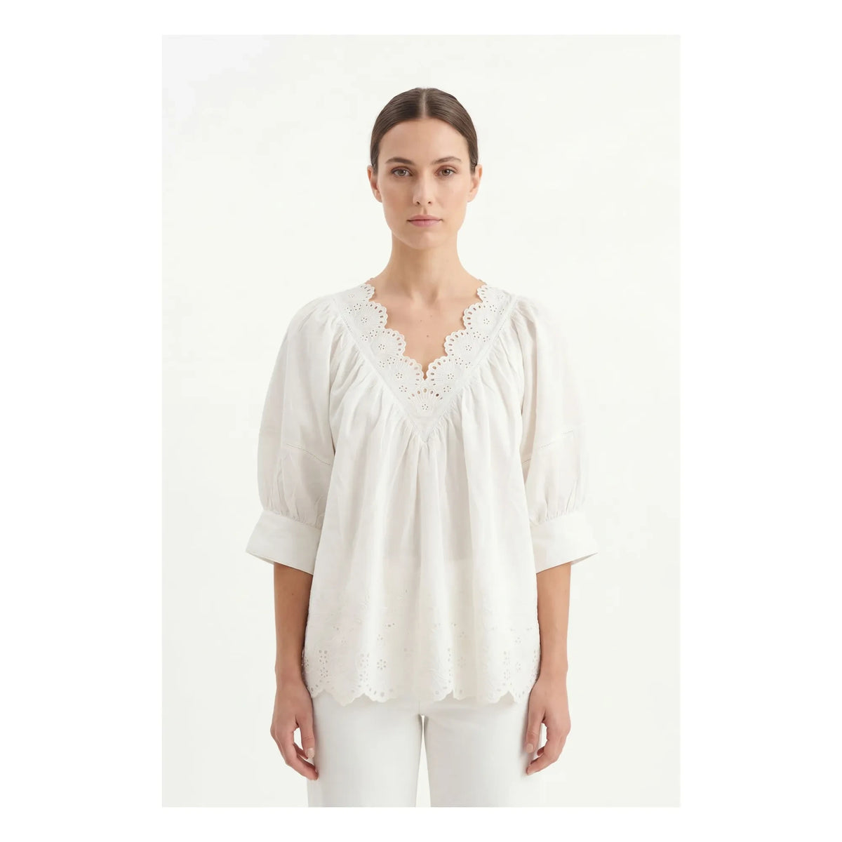 BELLEPIECE - Tito Cotton Embroidered Blouse | White
