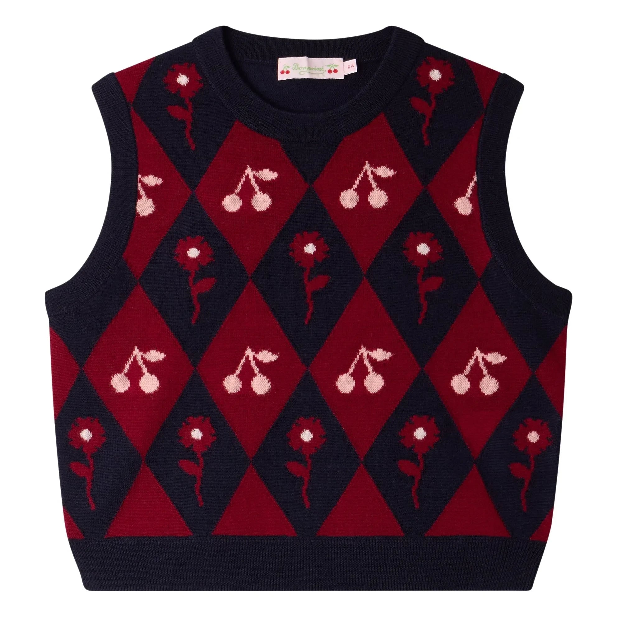 Bonpoint - Maelle Cherry Pattern Wool Sleeveless Sweater | Navy Blue